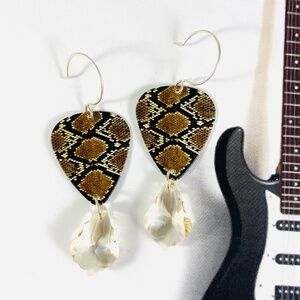 Killer cool snake skin print guitar pick earrings with Champagne crystal drops